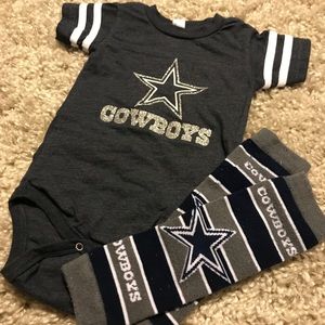 Sparkly Dallas Cowboy onesie and leg warmers.